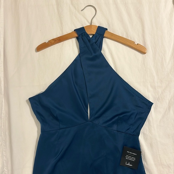 NWT Truly Picturesque Dark Teal Blue Satin Cross-Front Open Back Midi Dress - Picture 5 of 7